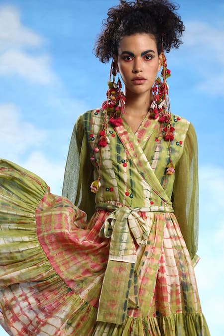 Shop_CAPISVIRLEO_Green Cotton Embroidery V-neck Lola Tie-dye Print Dress With Belt _Online_at_Aza_Fashions