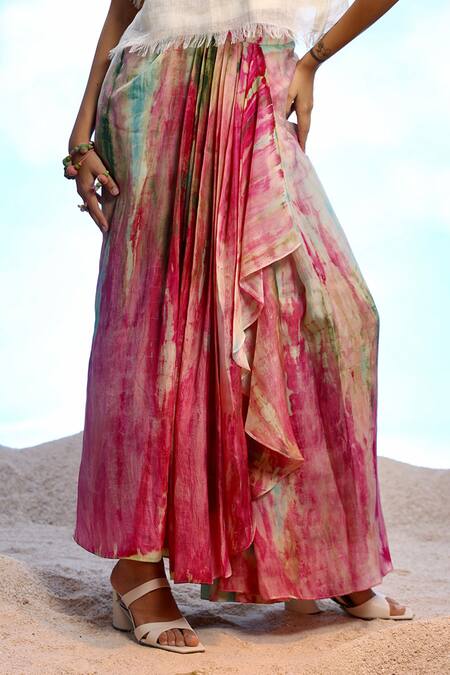 Shop_Capisvirleo_Pink Silk Natalie Tie Dye Pleated Skirt _Online_at_Aza_Fashions