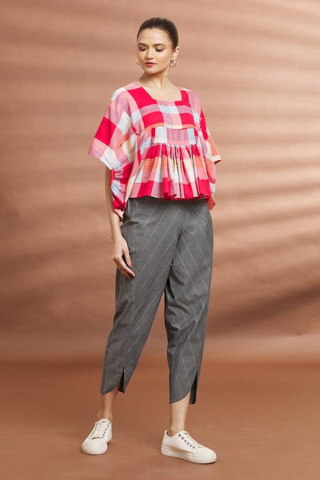 Naintara Bajaj_Grey Cotton Striped Straight Pant _at_Aza_Fashions