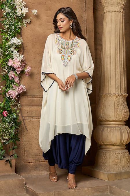 Shop Aariyana Couture Off White Viscose, Modal, Crepe, Satin Embroidery Thread Kurta And Harem Pant Set Shop_Aariyana Couture_Off White Viscose, Modal, Crepe, Satin Embroidery Thread Kurta And Harem Pant Set