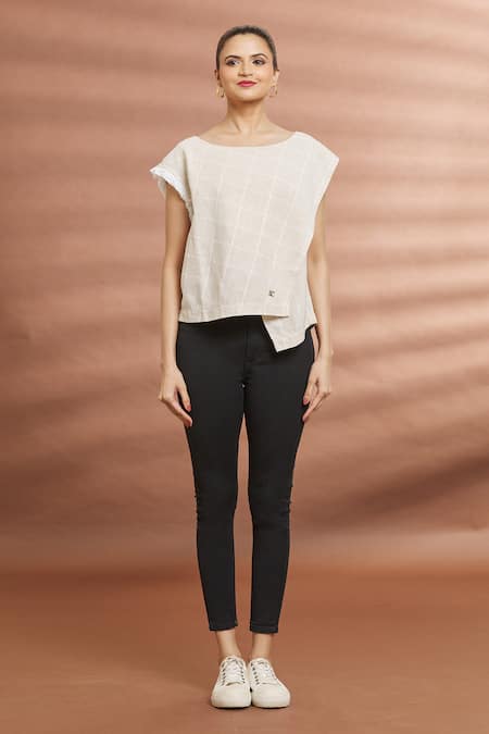 Buy_Naintara Bajaj_White Cotton Fringe Boat Neck Checkered Overlap Top _Online_at_Aza_Fashions