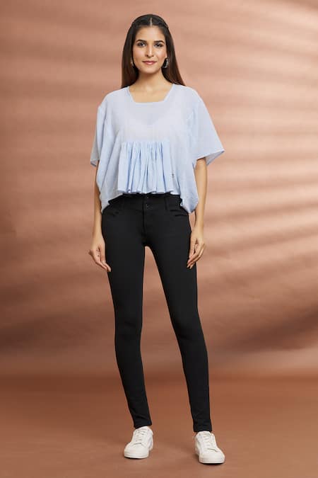 Naintara Bajaj_Blue Cotton Round Neck Striped Pattern Top _Online_at_Aza_Fashions