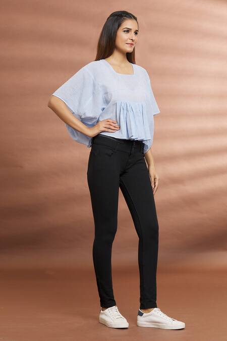 Buy_Naintara Bajaj_Blue Cotton Round Neck Striped Pattern Top _Online_at_Aza_Fashions