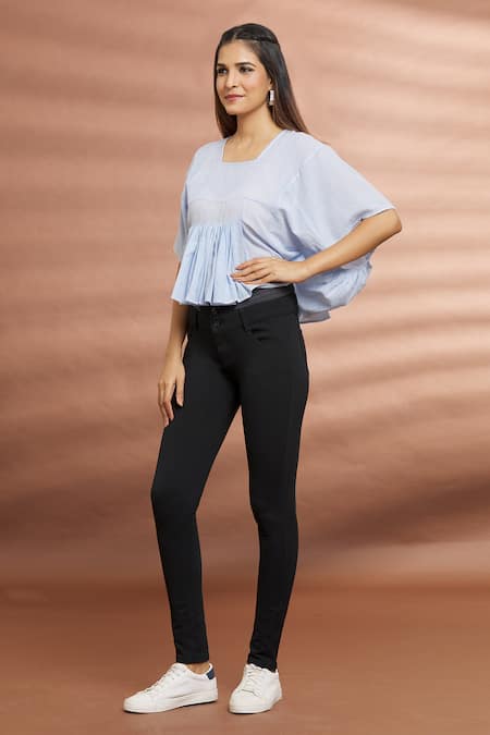 Shop_Naintara Bajaj_Blue Cotton Round Neck Striped Pattern Top _Online_at_Aza_Fashions