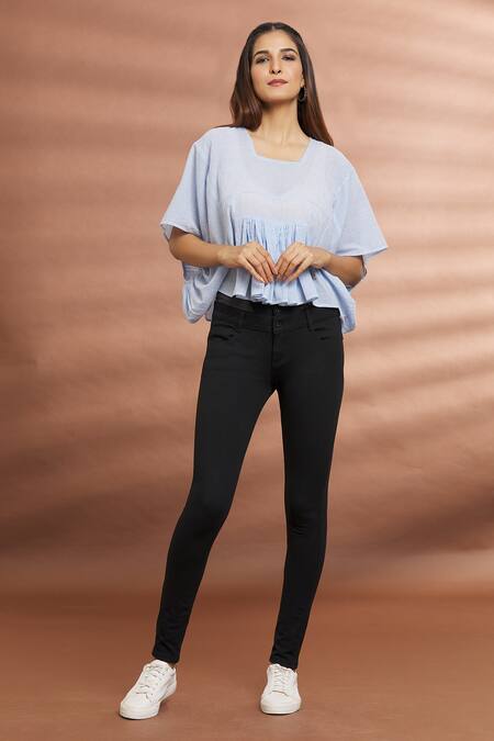 Naintara Bajaj_Blue Cotton Round Neck Striped Pattern Top _at_Aza_Fashions