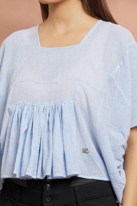 Buy_Naintara Bajaj_Blue Cotton Round Neck Striped Pattern Top 