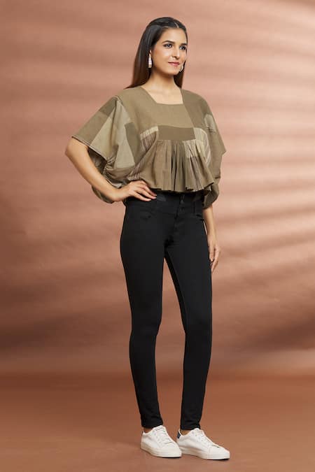 Buy_Naintara Bajaj_Brown Cotton Round Neck Checkered Pattern Top _Online_at_Aza_Fashions