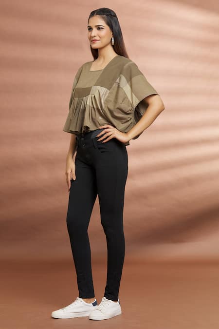 Shop_Naintara Bajaj_Brown Cotton Round Neck Checkered Pattern Top _Online_at_Aza_Fashions