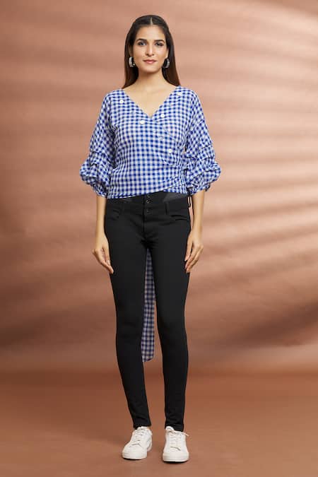 Naintara Bajaj_Blue Cotton V-neck Checkered Puff Sleeve Top _Online_at_Aza_Fashions