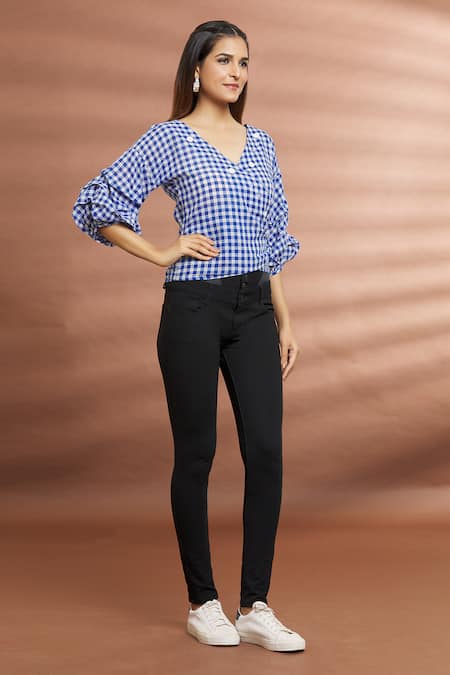 Buy_Naintara Bajaj_Blue Cotton V-neck Checkered Puff Sleeve Top _Online_at_Aza_Fashions