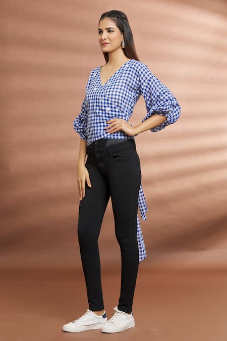Shop_Naintara Bajaj_Blue Cotton V-neck Checkered Puff Sleeve Top _Online_at_Aza_Fashions