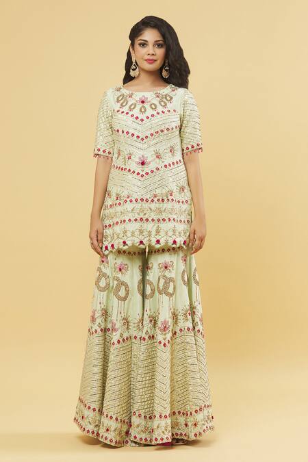 Buy_Kanj By Priyanka A Sakhuja_Green Silk Gota Patti, Embroidery Round Neck Hand Kurta Gharara Set _Online_at_Aza_Fashions