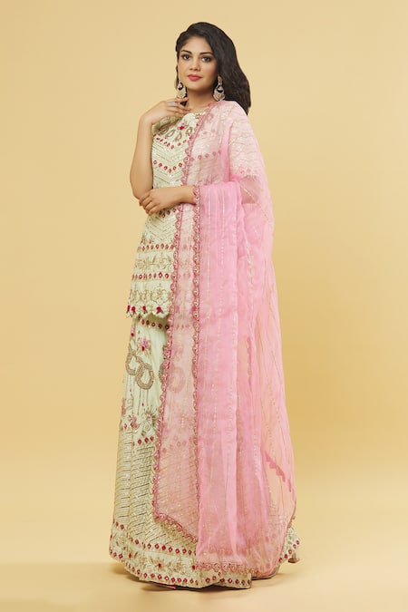 Shop_Kanj By Priyanka A Sakhuja_Green Silk Gota Patti, Embroidery Round Neck Hand Kurta Gharara Set _Online_at_Aza_Fashions