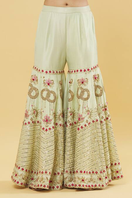 Kanj By Priyanka A Sakhuja_Green Silk Gota Patti, Embroidery Round Neck Hand Kurta Gharara Set _at_Aza_Fashions