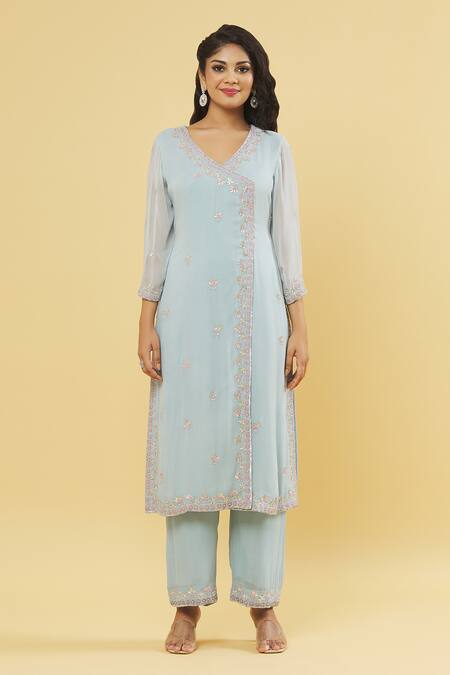 Kanj By Priyanka A Sakhuja_Blue Chiffon, Georgette Embroidery, Gota Patti V-neck Resham And Kurta Set _Online_at_Aza_Fashions