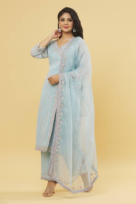 Buy_Kanj By Priyanka A Sakhuja_Blue Chiffon, Georgette Embroidery, Gota Patti V-neck Resham And Kurta Set _Online_at_Aza_Fashions