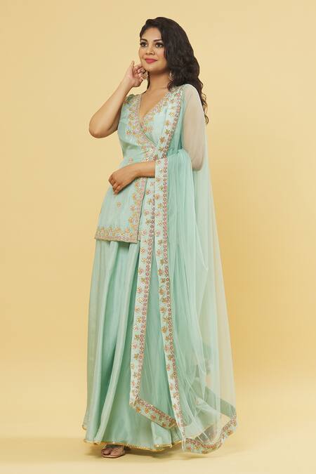 Buy_Kanj By Priyanka A Sakhuja_Green Silk, Chiffon Embroidery, Gota Patti V-neck Sage Kurta Set _Online_at_Aza_Fashions