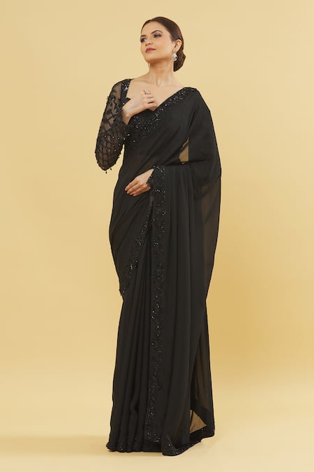 Buy_Kanj By Priyanka A Sakhuja_Black Chiffon, Silk Cut Work, Sequins V-neck And Cutdana Embroidered Saree _Online_at_Aza_Fashions