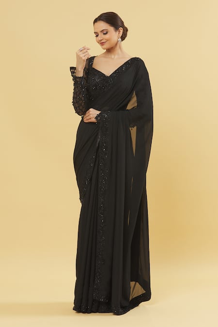 Shop_Kanj By Priyanka A Sakhuja_Black Chiffon, Silk Cut Work, Sequins V-neck And Cutdana Embroidered Saree _Online_at_Aza_Fashions