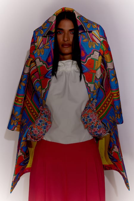 Shop Mini Sondhi Multi Color Viscose, Silk Embroidery Collared Floral Quilted Jacket Online at Aza Fashions Shop_Mini Sondhi_Multi Color Viscose, Silk Embroidery Collared Floral Quilted Jacket _Online_at_Aza_Fashions