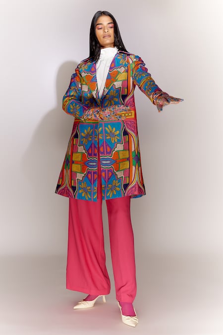 Mini Sondhi Multi Color Viscose, Silk Embroidery Collared Floral Quilted Jacket at Aza Fashions Mini Sondhi_Multi Color Viscose, Silk Embroidery Collared Floral Quilted Jacket _at_Aza_Fashions