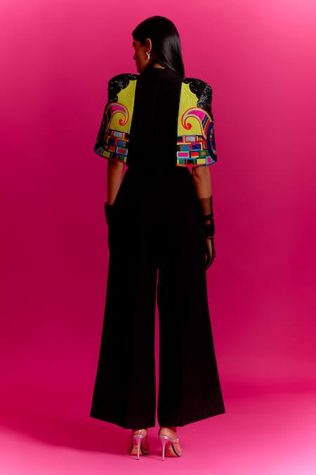 Shop Mini Sondhi Black Crepe Beads Collared Abstract Face Pattern Jacket And Trouser Set at Aza Fashions Shop_Mini Sondhi_Black Crepe Beads Collared Abstract Face Pattern Jacket And Trouser Set _at_Aza_Fashions