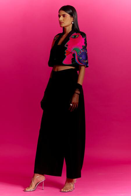 Mini Sondhi Black Crepe Beads Collared Abstract Face Pattern Jacket And Trouser Set Online at Aza Fashions Mini Sondhi_Black Crepe Beads Collared Abstract Face Pattern Jacket And Trouser Set _Online_at_Aza_Fashions