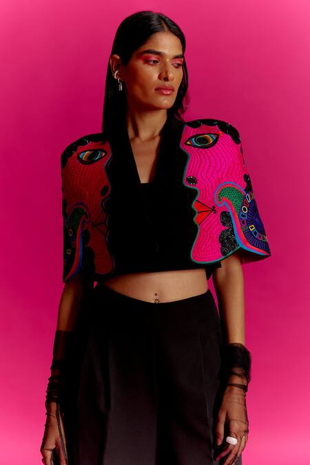 Buy Mini Sondhi Black Crepe Beads Collared Abstract Face Pattern Jacket And Trouser Set Online at Aza Fashions Buy_Mini Sondhi_Black Crepe Beads Collared Abstract Face Pattern Jacket And Trouser Set _Online_at_Aza_Fashions