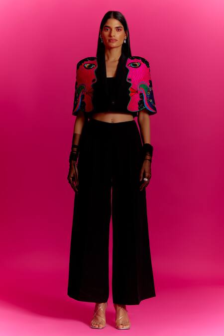 Shop Mini Sondhi Black Crepe Beads Collared Abstract Face Pattern Jacket And Trouser Set Online at Aza Fashions Shop_Mini Sondhi_Black Crepe Beads Collared Abstract Face Pattern Jacket And Trouser Set _Online_at_Aza_Fashions