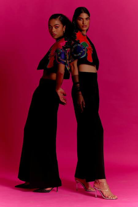 Mini Sondhi Black Crepe Beads Collared Abstract Face Pattern Jacket And Trouser Set at Aza Fashions Mini Sondhi_Black Crepe Beads Collared Abstract Face Pattern Jacket And Trouser Set _at_Aza_Fashions