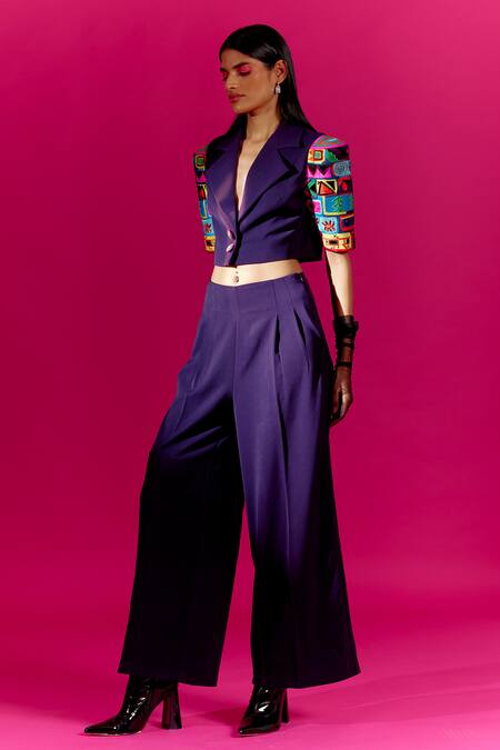 Mini Sondhi Purple Crepe Beads, Applique Collared Embroidered Sleeve Jacket With Trouser Online at Aza Fashions Mini Sondhi_Purple Crepe Beads, Applique Collared Embroidered Sleeve Jacket With Trouser _Online_at_Aza_Fashions