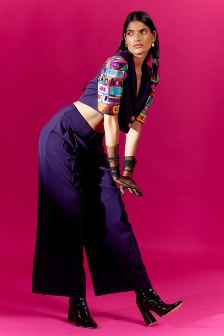 Buy Mini Sondhi Purple Crepe Beads, Applique Collared Embroidered Sleeve Jacket With Trouser Online at Aza Fashions Buy_Mini Sondhi_Purple Crepe Beads, Applique Collared Embroidered Sleeve Jacket With Trouser _Online_at_Aza_Fashions