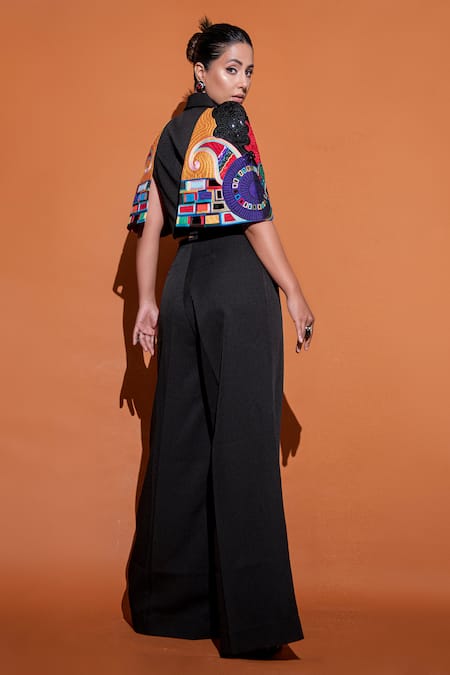 Shop Mini Sondhi Black Crepe Beads, Embroidery V-neck 3d Face Work Jacket With Trouser at Aza Fashions Shop_Mini Sondhi_Black Crepe Beads, Embroidery V-neck 3d Face Work Jacket With Trouser _at_Aza_Fashions