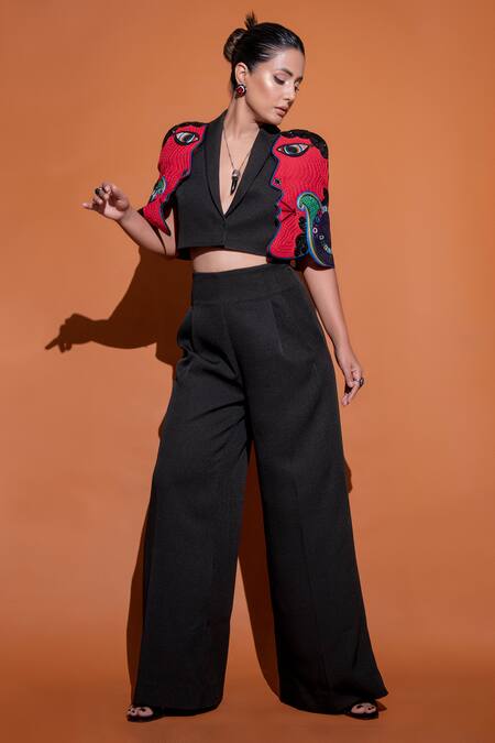 Mini Sondhi Black Crepe Beads, Embroidery V-neck 3d Face Work Jacket With Trouser Online at Aza Fashions Mini Sondhi_Black Crepe Beads, Embroidery V-neck 3d Face Work Jacket With Trouser _Online_at_Aza_Fashions