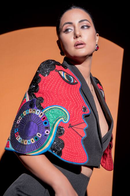 Buy Mini Sondhi Black Crepe Beads, Embroidery V-neck 3d Face Work Jacket With Trouser Online at Aza Fashions Buy_Mini Sondhi_Black Crepe Beads, Embroidery V-neck 3d Face Work Jacket With Trouser _Online_at_Aza_Fashions