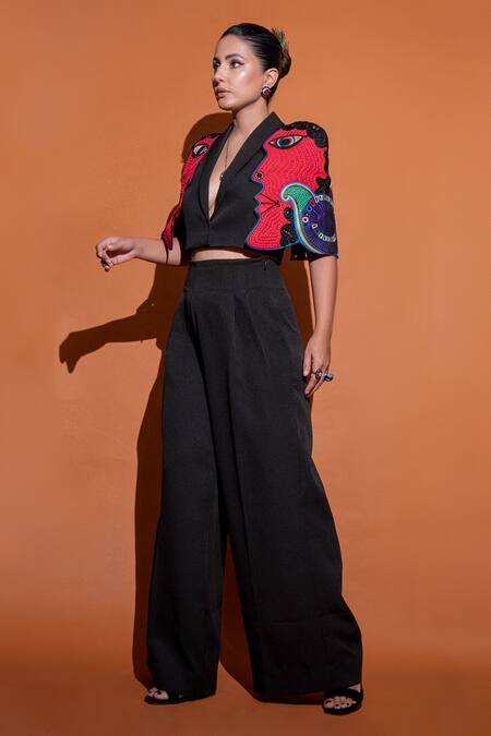 Mini Sondhi Black Crepe Beads, Embroidery V-neck 3d Face Work Jacket With Trouser at Aza Fashions Mini Sondhi_Black Crepe Beads, Embroidery V-neck 3d Face Work Jacket With Trouser _at_Aza_Fashions