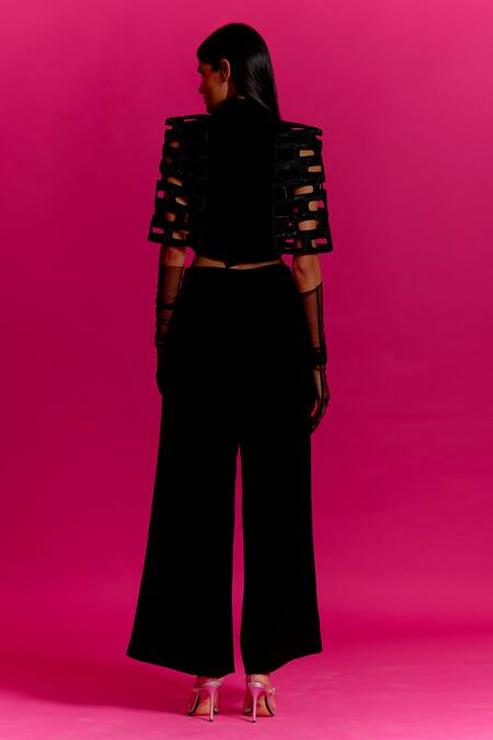 Shop Mini Sondhi Black Crepe Beads Brick Cut-out Jacket With Trouser at Aza Fashions Shop_Mini Sondhi_Black Crepe Beads Brick Cut-out Jacket With Trouser _at_Aza_Fashions