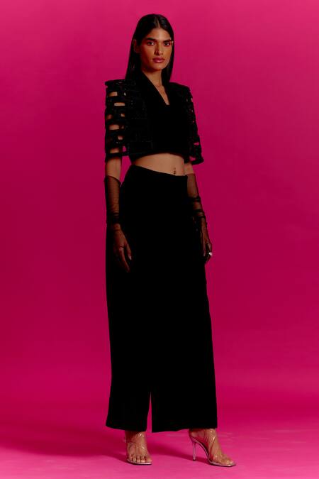 Mini Sondhi Black Crepe Beads Brick Cut-out Jacket With Trouser Online at Aza Fashions Mini Sondhi_Black Crepe Beads Brick Cut-out Jacket With Trouser _Online_at_Aza_Fashions