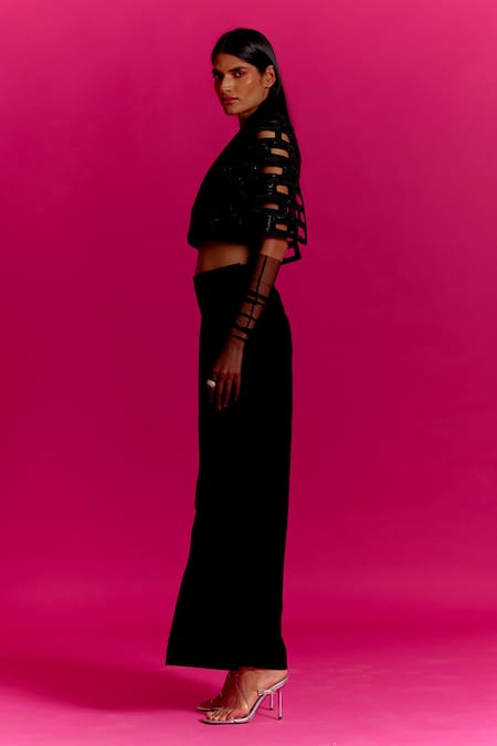 Buy Mini Sondhi Black Crepe Beads Brick Cut-out Jacket With Trouser Online at Aza Fashions Buy_Mini Sondhi_Black Crepe Beads Brick Cut-out Jacket With Trouser _Online_at_Aza_Fashions