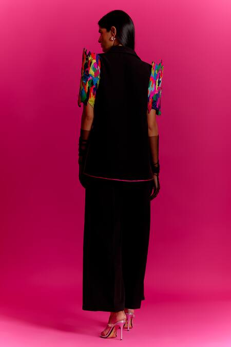 Shop Mini Sondhi Black Crepe Collared Contrast Embroidered Sleeve Jacket With Trouser at Aza Fashions Shop_Mini Sondhi_Black Crepe Collared Contrast Embroidered Sleeve Jacket With Trouser _at_Aza_Fashions