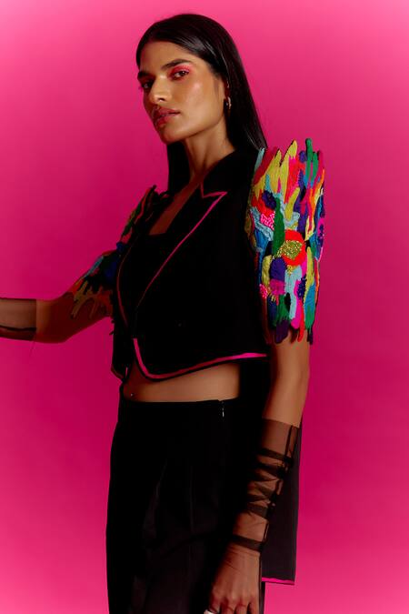 Mini Sondhi Black Crepe Collared Contrast Embroidered Sleeve Jacket With Trouser Online at Aza Fashions Mini Sondhi_Black Crepe Collared Contrast Embroidered Sleeve Jacket With Trouser _Online_at_Aza_Fashions