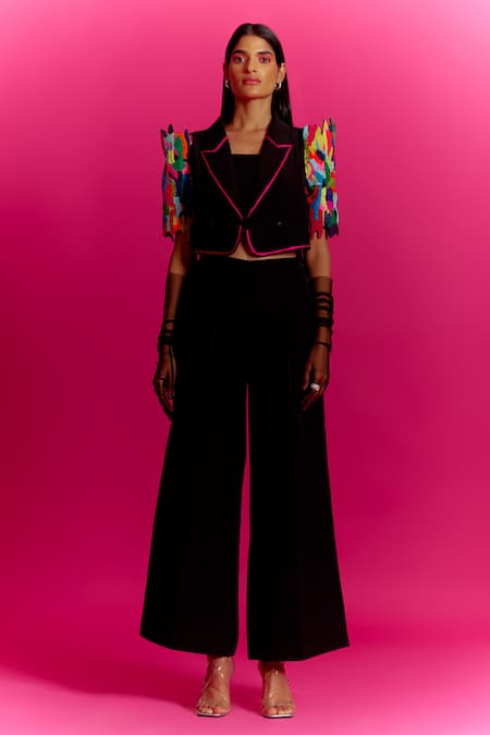 Buy Mini Sondhi Black Crepe Collared Contrast Embroidered Sleeve Jacket With Trouser Online at Aza Fashions Buy_Mini Sondhi_Black Crepe Collared Contrast Embroidered Sleeve Jacket With Trouser _Online_at_Aza_Fashions