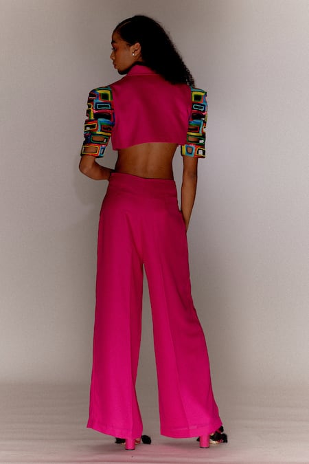 Shop_Mini Sondhi_Pink Georgette Beads Collared Structured Sleeve Jacket With Trouser _at_Aza_Fashions