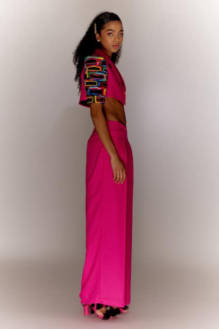 Mini Sondhi_Pink Georgette Beads Collared Structured Sleeve Jacket With Trouser _Online_at_Aza_Fashions