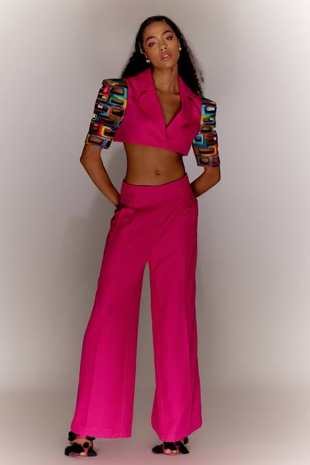 Buy_Mini Sondhi_Pink Georgette Beads Collared Structured Sleeve Jacket With Trouser _Online_at_Aza_Fashions