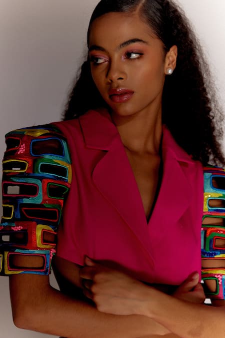 Shop_Mini Sondhi_Pink Georgette Beads Collared Structured Sleeve Jacket With Trouser _Online_at_Aza_Fashions