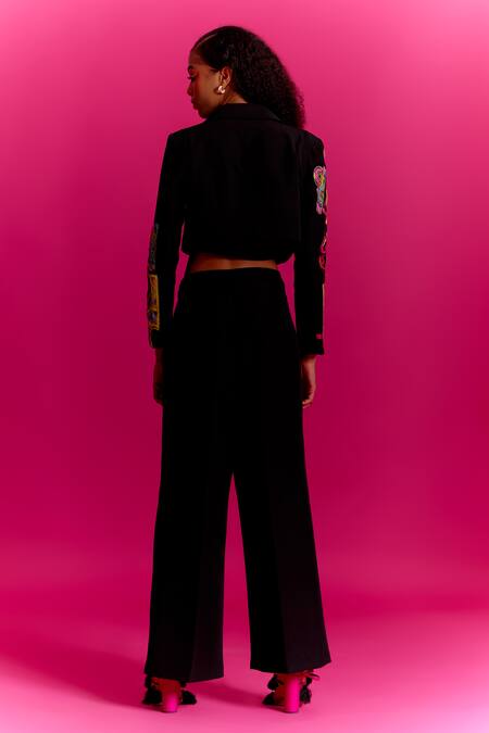 Shop Mini Sondhi Black Crepe Collared Trippy Eye Applique Sleeve Jacket With Trouser at Aza Fashions Shop_Mini Sondhi_Black Crepe Collared Trippy Eye Applique Sleeve Jacket With Trouser _at_Aza_Fashions