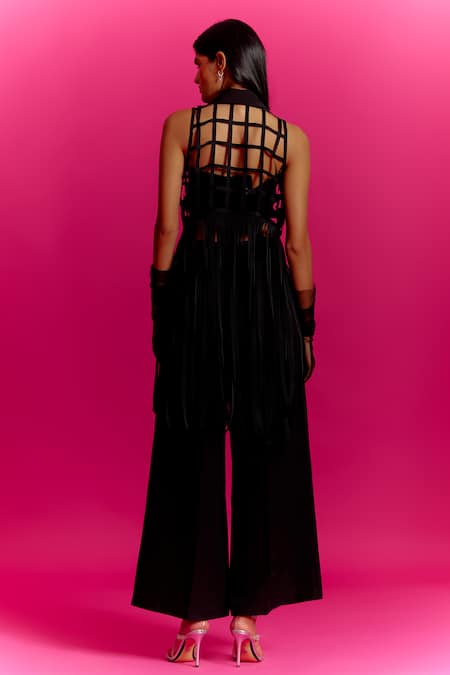 Shop Mini Sondhi Black Crepe, Nylon Beads Collared Fringe Tasselled Jacket And Trouser Set at Aza Fashions Shop_Mini Sondhi_Black Crepe, Nylon Beads Collared Fringe Tasselled Jacket And Trouser Set _at_Aza_Fashions