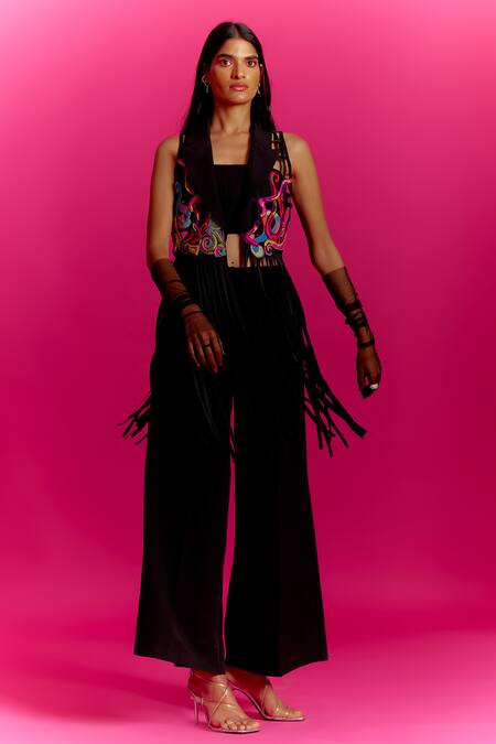 Mini Sondhi Black Crepe, Nylon Beads Collared Fringe Tasselled Jacket And Trouser Set Online at Aza Fashions Mini Sondhi_Black Crepe, Nylon Beads Collared Fringe Tasselled Jacket And Trouser Set _Online_at_Aza_Fashions