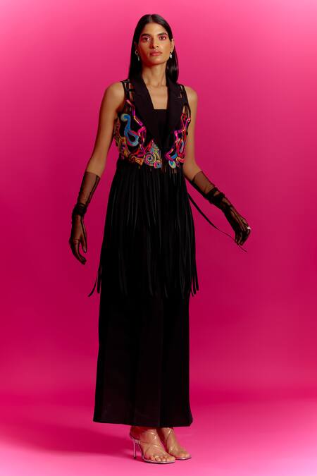 Shop Mini Sondhi Black Crepe, Nylon Beads Collared Fringe Tasselled Jacket And Trouser Set Online at Aza Fashions Shop_Mini Sondhi_Black Crepe, Nylon Beads Collared Fringe Tasselled Jacket And Trouser Set _Online_at_Aza_Fashions